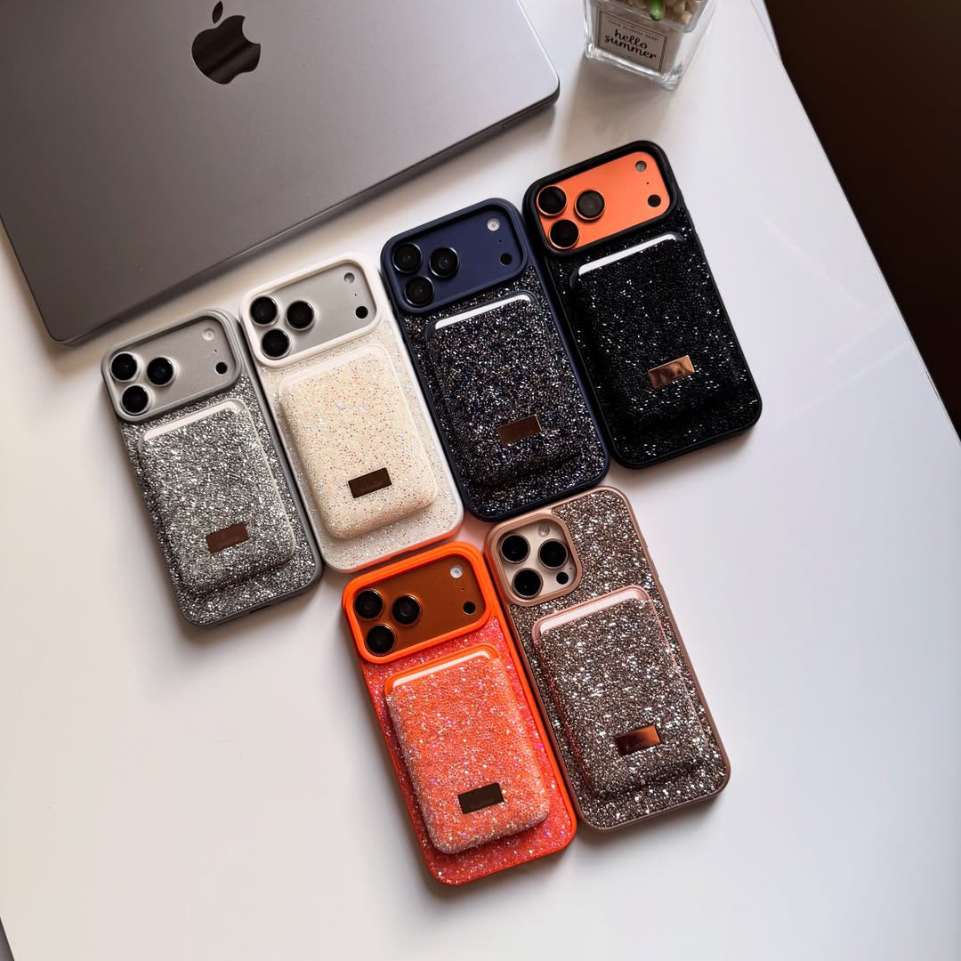 Taşlı Kartlıklı İphone Telefon Kılıfı Turuncu