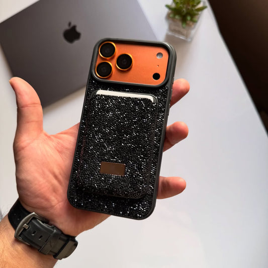 Taşlı  Kartlıklı İphone Telefon Kılıfı Siyah