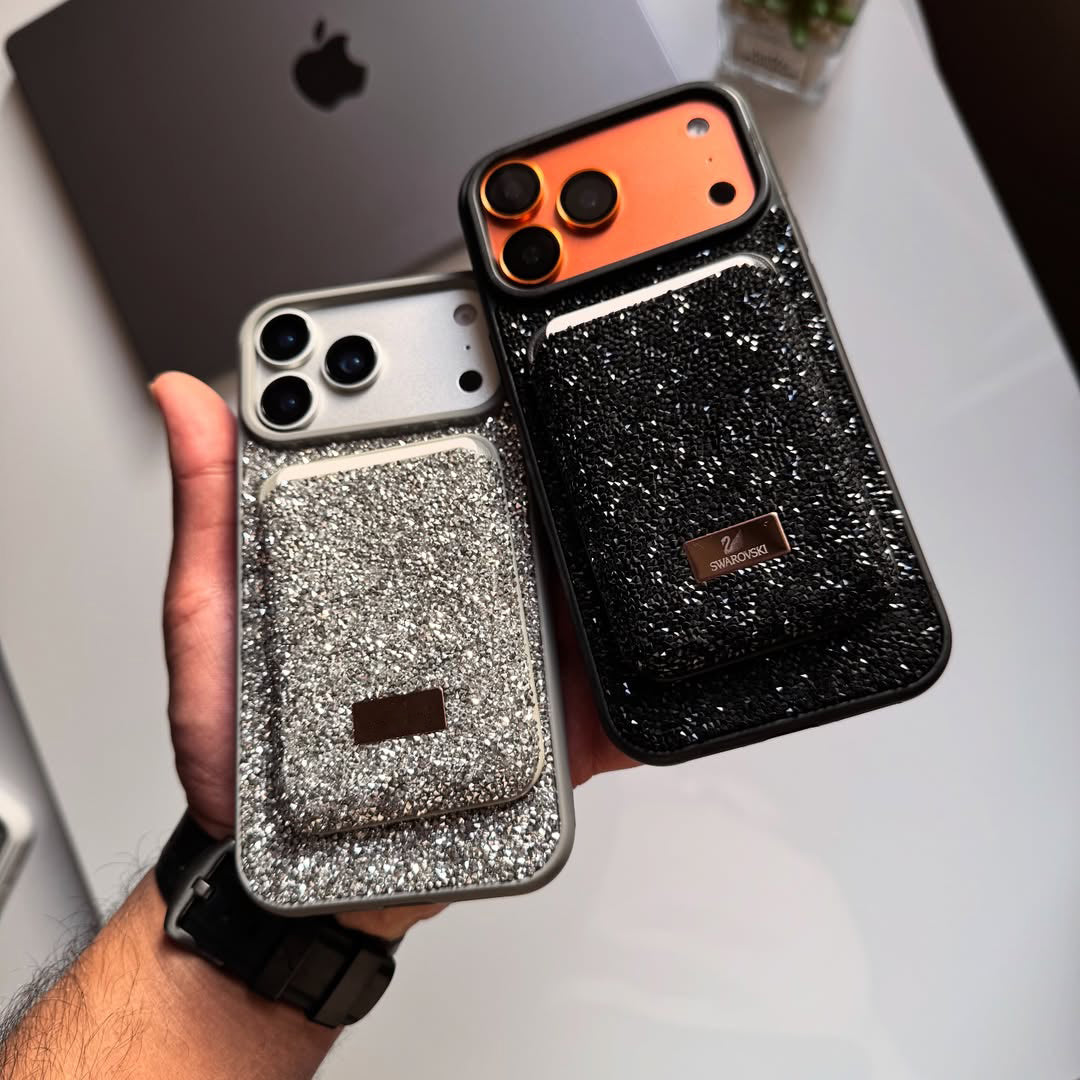 Taşlı  Kartlıklı İphone Telefon Kılıfı Siyah